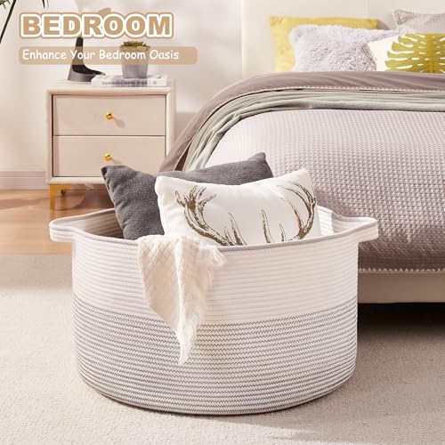 OIASKET Large Blanket Basket with Handles, 22.8" x 22.8" x 13" Woven Storage Basket for Living Room, Cotton Rope Baby Toy Storage for Clothes, Pillows, Towels-Black and White - color: Black & White, size: 90L