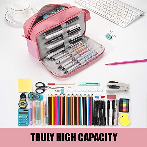Sooez High Capacity Pencil Case, Big Pencil Bag Pouch Box Organizer Pen Case, Portable Journaling Supplies with Easy Grip Handle & Loop, Asthetic Supply for Girls Adults, Pink - color: Pink
