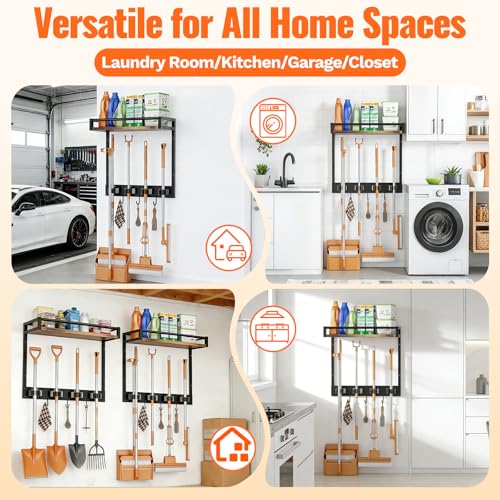 Broom Holder Wall Mount with Shelf Load 66LBS Broom and Mop Organizer Wall Hanging Broom Hanger with 4 Mop Hanger Grippers, 3 Hooks for Laundry Room, Garage, Utility Closet, Kitchen, 1 Pack - style: 1 Pack