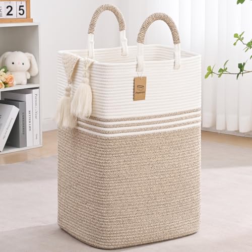 Laundry Basket Hamper,Blanket Storage,Dirty Clothes Hamper with Swivel Handles,Woven Cotton Rope Toy Baskets,Blanket Basket Living Room,Decorative Hampers for Nursery,Bedroom,White & Linen,100L - color: White & Linen, size: 100L