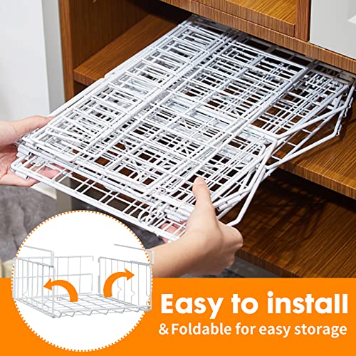 Hanging Under Shelf Storage Basket, 2 Pack Foldable Under Cabinet Metal Desk Storage Wire Rack Organizer for Kitchen Pantry Bookshelf Office Home, Easy to Install Slide-in Under Shelves (White) - color: White 2
