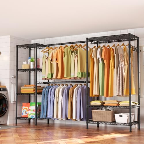Golpart Heavy Duty Garment Rack Clothes Rack,Large Metal Closet Organizer System Storage Wardrobe,Freestanding Clothing Rack with 7 Adjustable Wire Shelves&3 Hang Rods,MaxLoad 1500lbs - color: Black, size: 15.75"D x (70~88.5)"W x 76.5"H