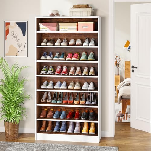 Tribesigns Tall Shoe Cabinet, 9 Tiers 40-45 Pairs Heavy Duty Wood Freestanding Shoe Storage Cabinet, 70.8'' Tall Shoe Cabinet with Open Storage for Entryway (1, White/Brown) - color: White/Brown