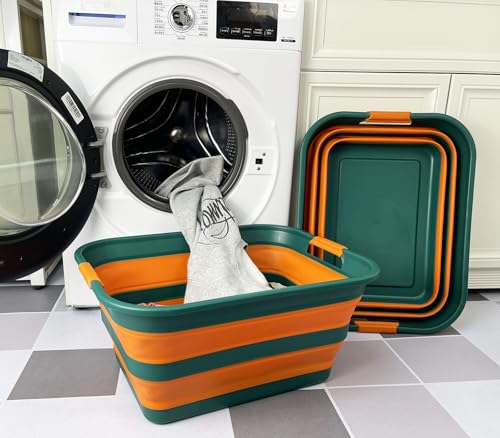 SAMMART Collapsible Plastic Laundry Basket with Handle/Foldable Pop Up Storage Hamper/Portable Laundry Organizer-Space Saving Washing Tub/Household Storage (Teal Green/Autumn leaf, 42L (Set of 2)) - color: Teal Green/Autumn leaf, size: 42L (Set of 2)