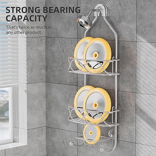 GAOKASE Shower Caddy Hanging 3 Tier with Two Movable Baskets, Grey Shower Caddy with Hooks for Towels, Sponge and More - color: Grey