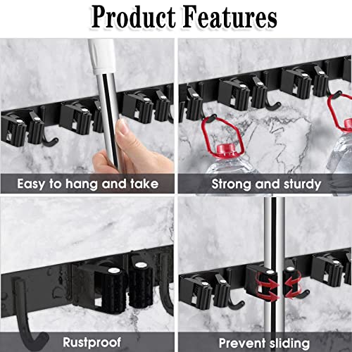 AceMining 2 Pack Black 5 Racks and 4 Hooks Mop and Broom Holder Wall Mount, Broom Organizer Storage Tool Racks Stainless Steel Heavy Duty Hooks Self Adhesive Solid Non-slip for Home Kitchen Garden - color: 5 Racks & 4 Hooks (Black) - 2 Pack