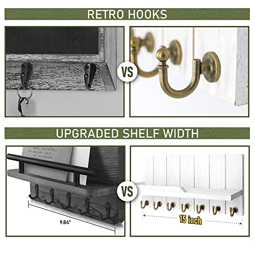 Rebee Vision Decorative Key and Mail Holder for Wall - Farmhouse 15 Inches Floating Shelf with 7 Sturdy Key Hooks for Home Entryway Wall Decor - Rustic Key Racks (White,15-inch) - color: White, size: 15-inch