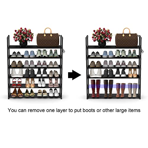 Hsscblet 6 Tiers Metal Shoe Rack,Adjustable Shoe Shelf Storage Organizer with Hooks,Stackable Boot & Shoe Storage,for Entryway,Hallway,Closet,Black - size: 6-Tier