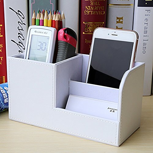KINGFOM Desk Organizer Office Supplies Caddy Pu Leather Multi-function Storage Box Pen/Pencil,Cell phone, Business Name Cards Remote Control Holder White - color: S-white