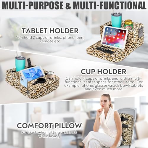 TabCouchCaddy - Couch Cup Holder Tray Pillow - Bed, Couch Caddy, Sofa, RV & Car - Holds Drinks, Snacks, Remotes, Phones, Kindle, Tablet | Bed Cup Holder (Leopard) - color: Leopard