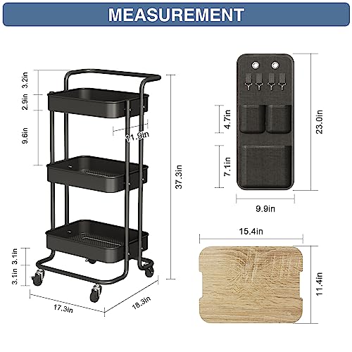 DTK 3 Tier Metal Utility Rolling Cart with Table Top and Side Bags, Tray Storage Organizer Wheels, Art Craft 4 Hooks for Kitchen Bathroom Office Living Room (Black) - color: Black, size: Large