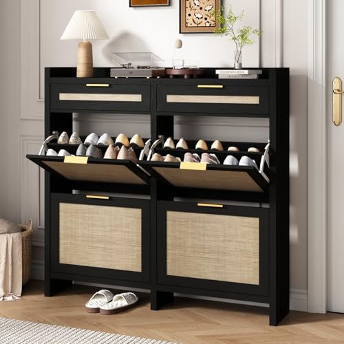 HOKYHOKY Large Rattan Shoe Storage Cabinet with 4 Flip Drawers & 2 Storage Drawers – Hidden Slim Shoe Organizer for Entryway, Large Tabletop Space, Farmhouse Boho Narrow Shoe Rack, Rustic Black - color: Rustic Black, size: 4 Flips