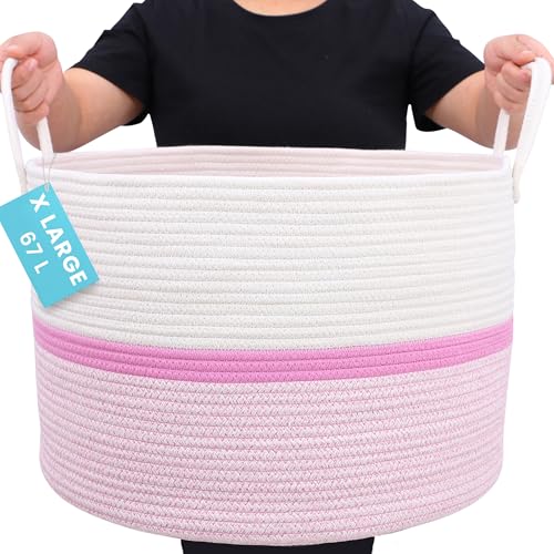 OrganiHaus Large Woven Storage Basket for Blankets and Toys 20" x 13" Inch, Rope Laundry Basket with Handles, Cushions & Pillows Storage Bin, Nursery Hamper, Soft Round Dog Toy Bin - Pink Stripe - color: Striped Pink, size: Wide