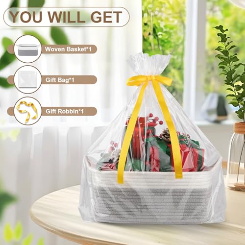 OIAHOMY Woven Basket, Gift Basket Empty with Gift Bags and Ribbons, Rope Baskets for Baby Showers, Storage Baskets with Handles for Nursery, Pet Toy Organizer - Grey & White - color: Grey & White, size: Medium: 13.5L*10W*6H