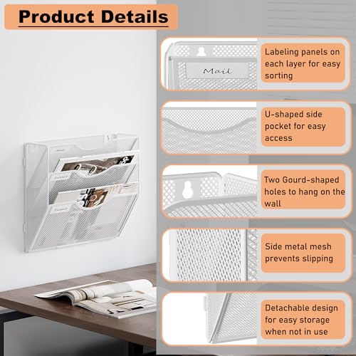 File Folder Organizer, 3-Tier Mesh Hanging Wall File Holder, Magazine Rack, Wall File Organizer With Pockets, Metal Document Organizer, Mail Organizer Wall Mounted for Office Home, White