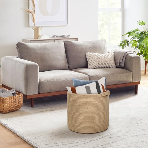MEGASKET Large Wicker Storage Basket, 16" x 14" Jute Woven Basket with Handle, Living Room Blanket Storage, Big Wicker Laundry Basket, Kids Toy Bin Box Organizer, Decorative Round Baskets for Decor - color: Jute