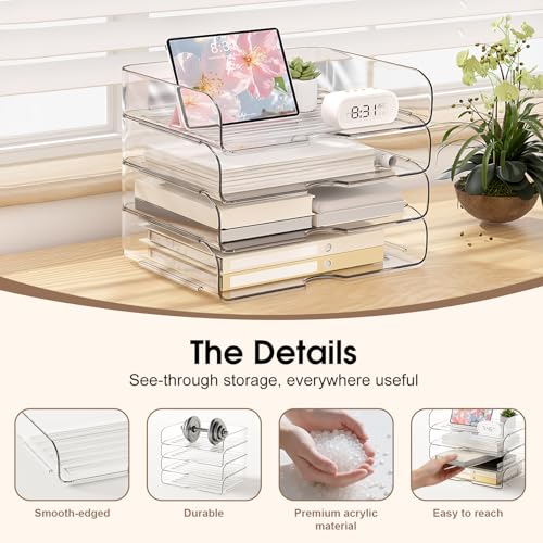 4-Tier Large-Capacity Paper Organizer, Clear Stackable Desk Organizer & Acrylic Paper Tray, Transparent & Easy Access,Desk File Organizer for Home Office & School