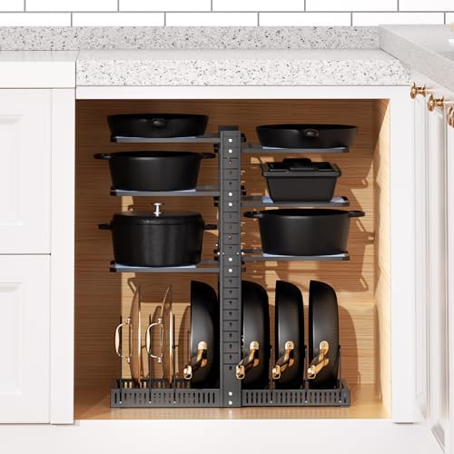 LAMU Pots and Pans Organizer under Cabinet, Expandable to 24" H Pan Organizers inside Cabinet for Kitchen Storage, 6 Adjustable Tiers and 6 Pot Lid Organizer Racks, Holds 12 Cast Iron Cookware Black