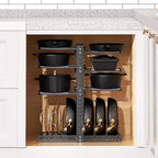 LAMU Pots and Pans Organizer under Cabinet, Expandable to 24" H Pan Organizers inside Cabinet for Kitchen Storage, 6 Adjustable Tiers and 6 Pot Lid Organizer Racks, Holds 12 Cast Iron Cookware Black