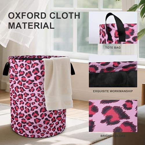 Pink Leopard Laundry Basket Foldable Oxford Cloth Tote Bag Laundry Hamper Clothes Storage Bucket Organizer For Bathroom/Laundry Storage/Bedroom 19.6x15.7 Inch - color: Pink Leopard