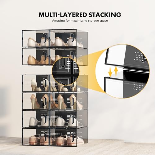 SEE SPRING XX-Large Shoe Storage Box Fit Size 14, Clear Plastic Stackable Shoe Organizer for Closet, Space Saving Sneaker Shoe Rack Containers Bins Holders for Entryway, Under Bed, 12 Pack Black - color: Black, size: XX-Large Fit Size 14