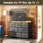 WLIVE Dresser TV Stand with Power Outlets, Led Dresser for Bedroom, Fabric Chest of Drawers with Double Open Shelves, Wood Top, Steel Frame, 6 Drawer Dressers for Closet, Living Room, Dark Grey - color: Dark Grey, style: 8 Drawers with LED