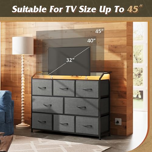 WLIVE Dresser TV Stand with Power Outlets, Led Dresser for Bedroom, Fabric Chest of Drawers with Double Open Shelves, Wood Top, Steel Frame, 6 Drawer Dressers for Closet, Living Room, Dark Grey - color: Dark Grey, style: 8 Drawers with LED