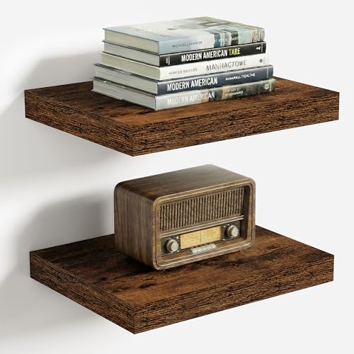 Vivelove 10 Inch Deep Floating Shelves 10 inch Long, 10 x 10 Wide Wall Shelves with Invisible Brackets, for Bedroom Bathroom Living Room Kitchen Office, Farmhouse Home Decor, Set of 2, Rustic Brown - color: Rustic Brown, size: 10.2”Wx10.2”Dx1.5”H