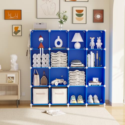 AWTATOS Cube Storage Organizer, 16 Cube Closet Organizers and Storage Shelves, DIY Stackable Bookshelf for Bedroom, Home, Admiral Blue - color: Dark Blue, size: 4x4