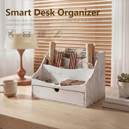 Pine Wood Mail Organizer for Desk - Charming Farmhouse Countertop Mail Sorter for Office Desk & Home Decor - Wooden Letter Organizer with Drawer & Dividers for Room Organization(Whitewash) - color: B-Whitewash