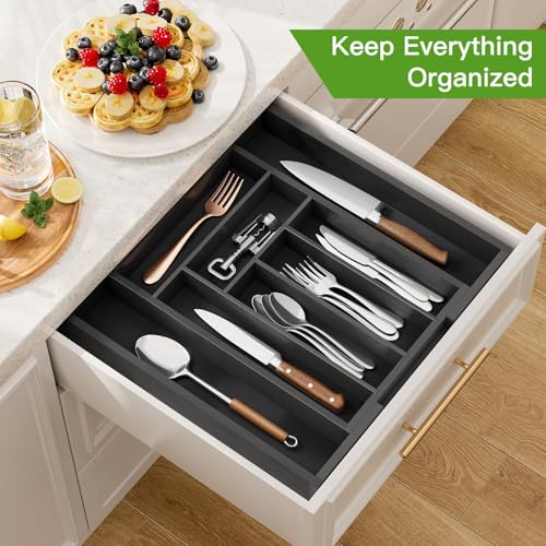 Pipishell Bamboo Expandable Drawer Organizer for Utensils Holder, Adjustable Cutlery Tray, Wood Drawer Dividers Organizer for Silverware, Flatware, Knives in Kitchen, Bedroom, Living Room(M-Black) - color: Black, size: Medium
