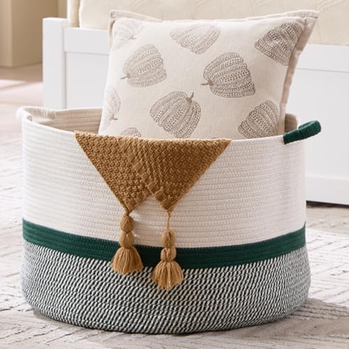 Luxury Little Extra Large Nursery Storage Basket, 20 x 20 x 13.8 inches - 100% Cotton Rope Baskets with Handles, Blanket Basket for Toys, Blankets & Pillows (Green) - color: Green