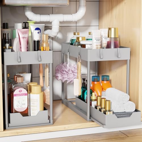 Simple Trending Under Sink Organizer 2 Pack, Sink Pull-Out Sliding Storage Cabinet, 2-Tier Under Shelf Organizer for Kitchen Bathroom, Grey - color: Grey, size: 2 pack