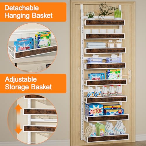 8 Tier Over The Door Pantry Orangizer 2 IN 1 Wall Mounted or Hanging Spice Rack with Adjustable Wood Basket,Heavy Duty Seasoning Storage Shelf for Kitchen Pantry and Bathroom - color: White-Wood, size: 8 Tiers