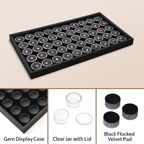Ikee Design Black Foam Gem Jars Showcase Stackable Display Tray for Collectibles, Home Organization Storage Box with 50 Gemstones and Bead Storage Jars - color: Black Foam/Black Tray (50 Jars)