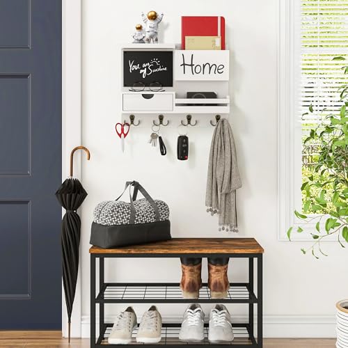 Farmhouse Key Holder for Wall with Mail Organizer - Easy Installation Wall Mount Organizer, Includes Chalkboard, Drawer, Wallet Holder & 4 Double Hooks, Ideal for Entryway, Quick Access - White - color: White