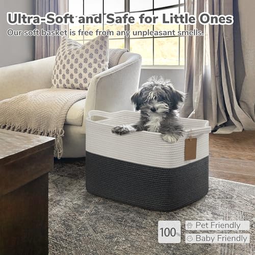 Goodpick Woven Storage Baskets for Organizing, 18" x 14" x 12" Baby Laundry Blanket Toy Basket for Living Room, Rectangle Cotton Rope Baskets with Handles, Dark Gray - color: Dark Gray, size: 18"L x 14"W x 12"H