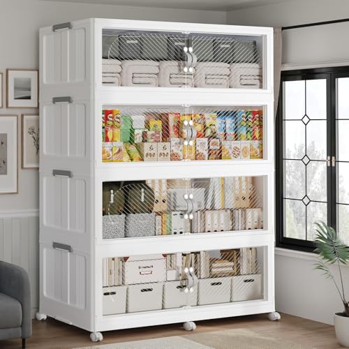 240GAL Plastic Storage Bins with Lid, 960QT Extra Large Stackable Closet Organizers and Storage, Collapsible Storage Boxes with Wheels, Folding Cabinet for Home Kitchen Office, 4Pack White - color: 60Gal-White, style: 4Pack