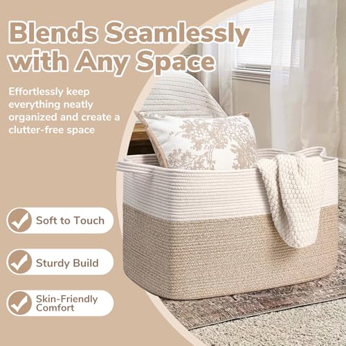 Goodpick Extra Large Woven Blanket Basket, 23.6" x 15.7" x 13.8" Storage Organizer for Blankets, Toys, Dirty Clothes, Rectangle Cotton Rope Basket for Living Room, Nursery, Bedroom - color: White & Light Brown, size: X-Large(23.6"L x 15.7"W x 13.8"H)