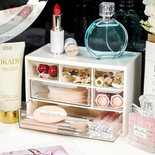 Mini Desk Storage Organizer with 6 Drawers, FODIENS Stackable Desktop Craft Drawer Cabinet, Clear Storage Box Caddy for Makeup Jewelry Office Craft Supplies (White) - color: White