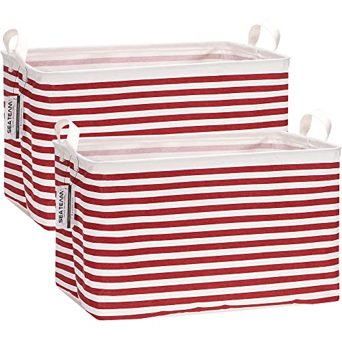 Sea Team 2-Pack Collapsible Canvas Fabric Storage Basket with Handles, Rectangle Waterproof Storage Bin, Box, Cube, Foldable Shelf Basket, Closet Organizer, 16.5 x 11.8 x 9.8 Inches, Red Stripe - color: Stripe/Red, size: 16.5 Inch (Pack of 2)