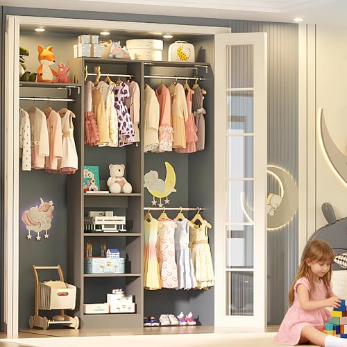Besiost 48" Closet Organizer System, 4FT Closet System for Small Closets with 4 Hanging Rods & 3 Shelves, 80"H Small Closet Organizers and Storage for Bedrooms, Cloakrooms, Gray - color: Grey