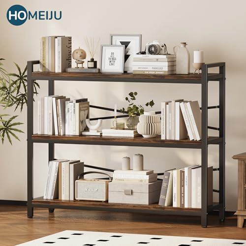 3 Tier Bookshelf 39.37" Width, Long Industrial Bookcase, Vintage Farmhouse Modern Wooden Big Book Shelf for Home Living Room Bedroom Office Storage(Rustic Brown) - color: Rustic, size: 3 Tier - 39.3" W