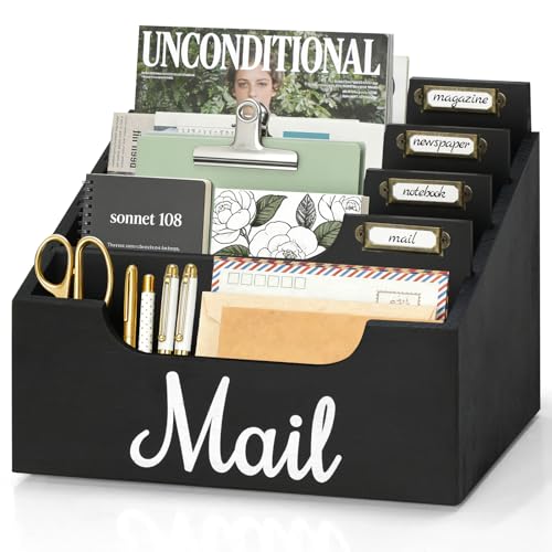 Wood Mail Organizer Countertop, Rustic Mail Holder for Desk with 4 Slots, Mail Sorter for File Paper Folder, Letter Sorter Bill Organizer for Office Home Classroom, Desk Organizers and Accessories