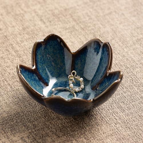 Floral Ceramic Jewelry Tray - 3.5" Elegant Ring Holder Dish & Trinket Bowl for Vanity Dresser Decor (blue) - color: blue