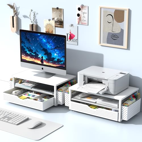 Spacrea Desk Organizer and Accessories, Computer Monitor Stand Riser with Drawer and 2 Pen Holders, Office Desk Accessories & Workspace Organizers for Office Supplies (White) - color: White