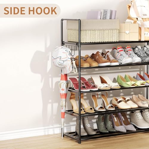 Metal Shoe Organizer,5 Tiers Shoe Storage Shoe Rack with Hooks,Fit 20-25 Pairs,Adjustable Shoe Shelf for Entryway,Hallway,Bedroom,Metal Bottom Support - size: 5 Tier