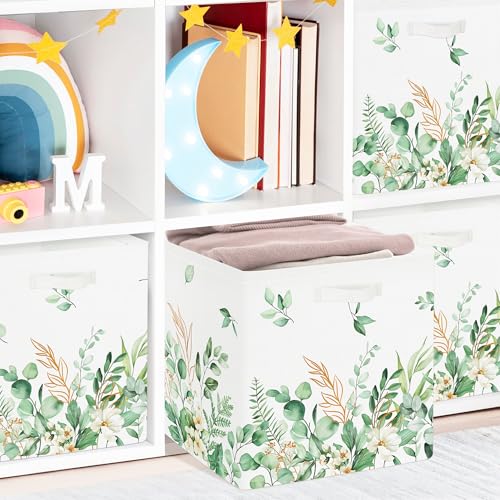 Clastyle 3 pcs Leaf Women Cube Storage Unit Boxes Foldable Kallax Box for Shelves Ladies Girls Storage Baskets for Book Clothes Toy Organizer, Green, 11.8x11.8x11.8 in - color: Green