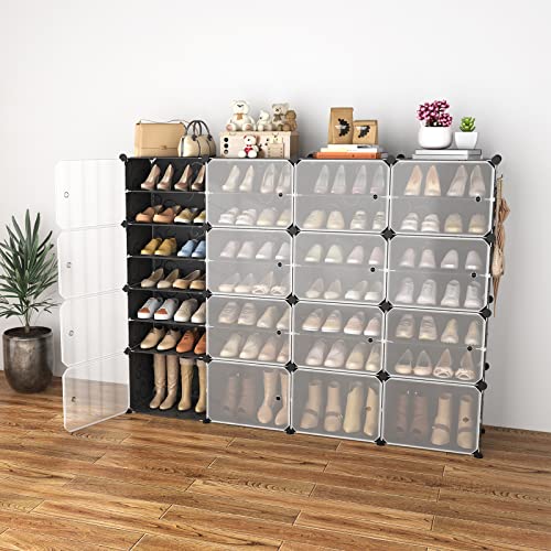 Portable Shoe Rack with Door, 64 Pairs Cabinet Easy Assembly, Plastic Adjustable Shoe Storage Organizer Stackable Detachable Free Standing DIY Expandable 8 Tier Black - color: Black, size: 64" Wide-64 Pairs