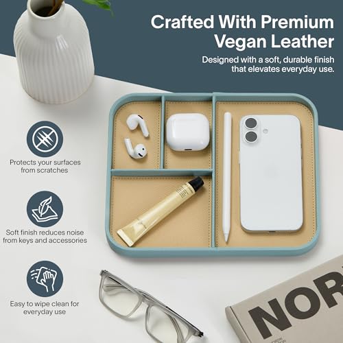 Nordik Leather Valet Tray - Seafoam Mist - 9.5 x 7.9 Inch Medium Vegan Leather Tray - Stylish Nightstand Organizer for Men - Modern Bedside Caddy - EDC Catchall for Key Watch Wallet Jewellery - color: Seafoam Mist, size: 9.5in x 7.9in